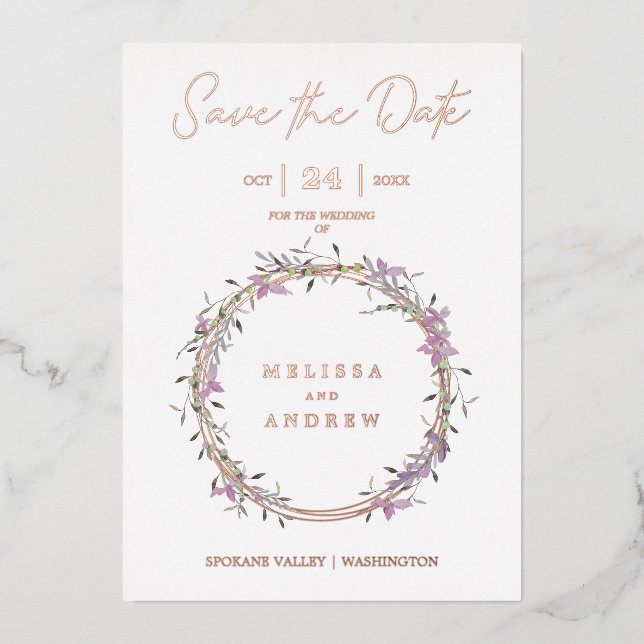 Invitation En Aluminium Rose Gold Custom Lilac Fancy Garland Wreath (Recto)
