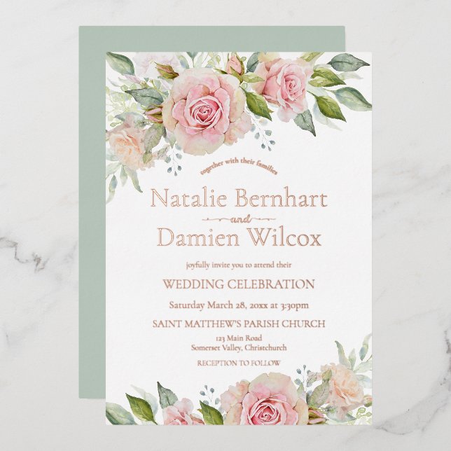 Invitation En Aluminium Rose Gold Dusty Green Floral Mariage (Recto/Verso)