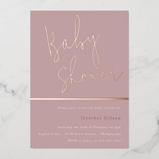 Invitation En Aluminium Rose Gold Dusty Mauve rose Baby shower moderne (Recto)