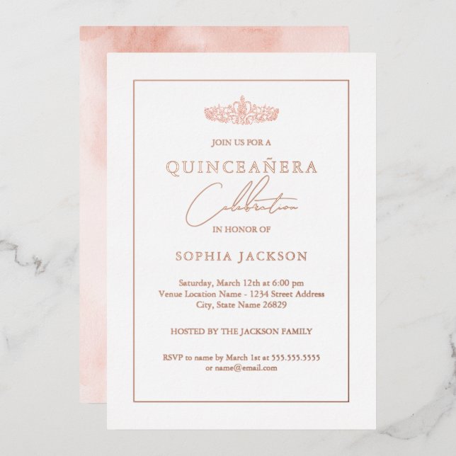 Invitation En Aluminium Rose Gold Élégant Aquarelle Quinceanera Anniversai (Recto/Verso)