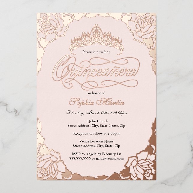 Invitation En Aluminium Rose Gold Élégant Script Quinceanera Anniversaire (Recto)