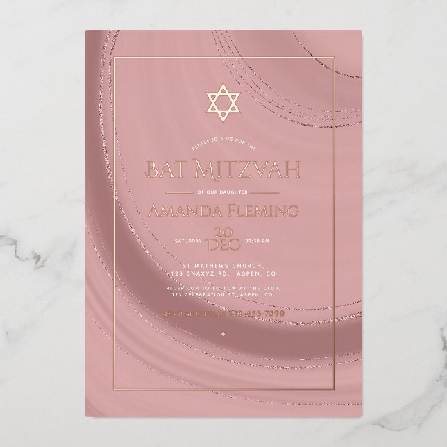 Invitation En Aluminium Rose Gold et Blush Faux Agate Photo Bat mitzvah (Recto)