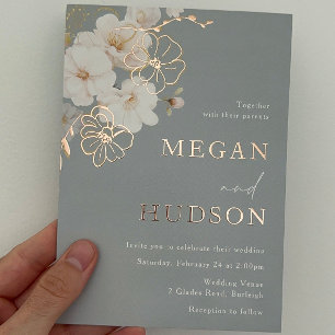 Invitation En Aluminium Rose Gold et Blush Fleurs Sauvages Mariage Bleu Po