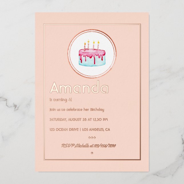 Invitation En Aluminium Rose Gold et Blush Pink 4e fête de fille anniversa (Recto)