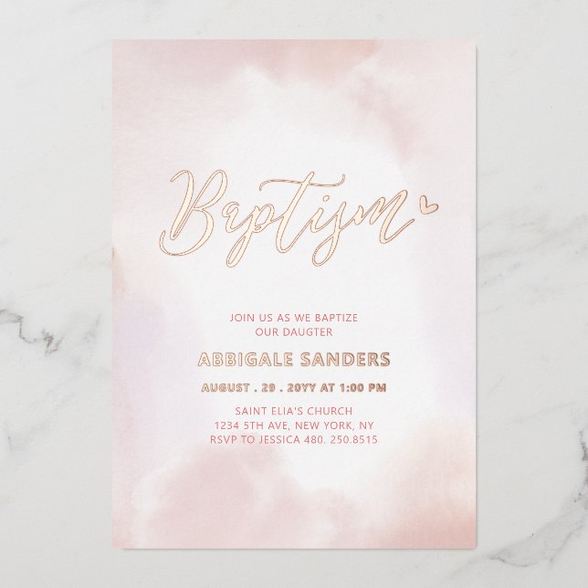 Invitation En Aluminium Rose Gold et cœur rose fille baptême (Recto)