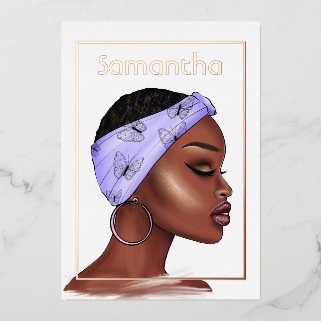 Invitation En Aluminium Rose Gold et violet Afro fête d'anniversaire (Recto)