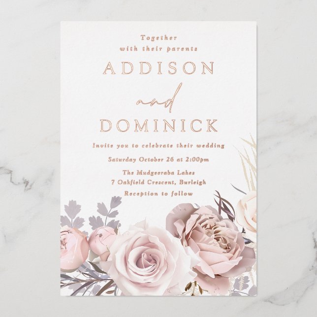 Invitation En Aluminium Rose Gold Feuille Blush Fleurs Mariage (Recto)