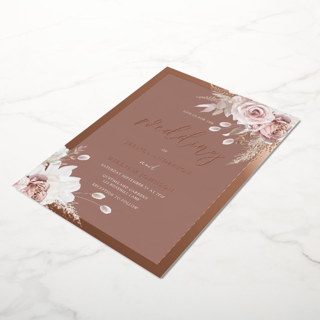 Invitation En Aluminium Rose Gold Feuille de Bordure Blush Floral Argile M (Rotation)