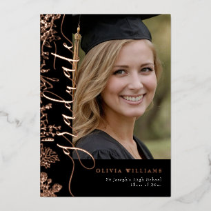 Invitation En Aluminium Rose Gold Fleur Florale Noire Photo de Diplômé Rem