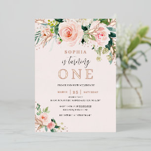Invitation En Aluminium Rose Gold Fleur Rose Clair 1er Anniversaire Fille