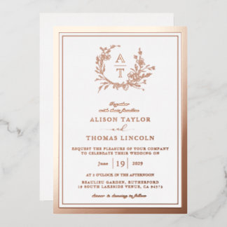 Invitation En Aluminium Rose Gold Fleur sauvage Crest Monogramme Mariage R