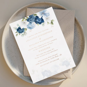Invitation En Aluminium Rose Gold Fleurs Bleu Poussiéreux de Mariage