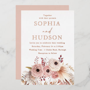 Invitation En Aluminium Rose Gold Floral Boho Pampas Mariage Rose Pâle
