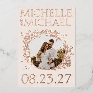Invitation En Aluminium Rose Gold Floral Frontière Photo Enregistrer La Ca