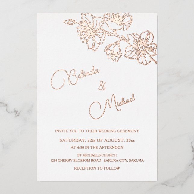 Invitation En Aluminium Rose Gold Floral Line Art | Photo Wedding (Recto)