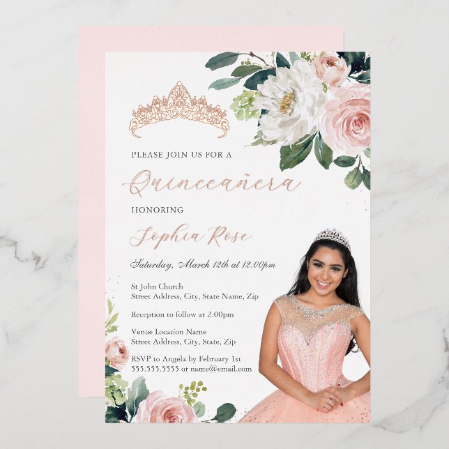 Invitation En Aluminium Rose Gold Floral Photo Quinceanera (Recto/Verso)