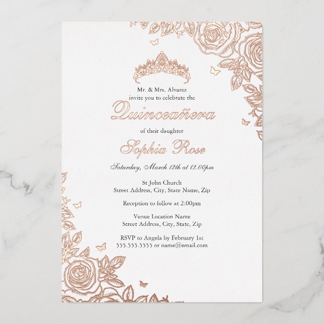 Invitation En Aluminium Rose Gold Floral Quinceanera Anniversaire  (Recto)