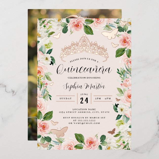 Invitation En Aluminium Rose Gold Floral Tiara Butterfly Photo Quinceanera (Recto/Verso)