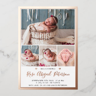 Invitation En Aluminium Rose Gold Foil Baby Girl Birth Announcement Card