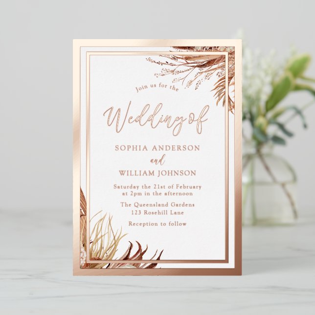 Invitation En Aluminium Rose Gold Foil Bohemian Boho Feuille Mariage (Debout devant)