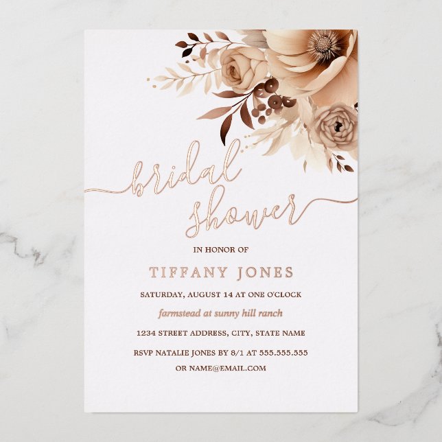Invitation En Aluminium ROSE GOLD FOIL Boho Beige Floral Fête des mariées (Recto)