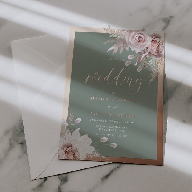 Invitation En Aluminium Rose Gold Foil Border Blush & Sage Floral Wedding  (Créateur téléchargé)