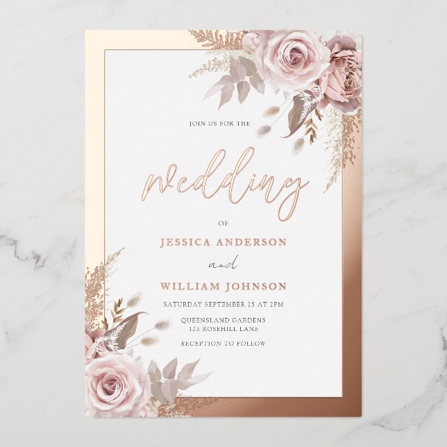 Invitation En Aluminium Rose Gold Foil Bordure Blush Dusty Rose Mariage (Recto)
