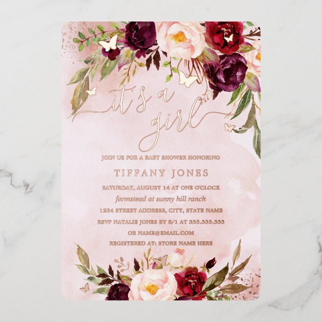 Invitation En Aluminium ROSE GOLD FOIL Burgundy Blush Baby shower floral (Recto)