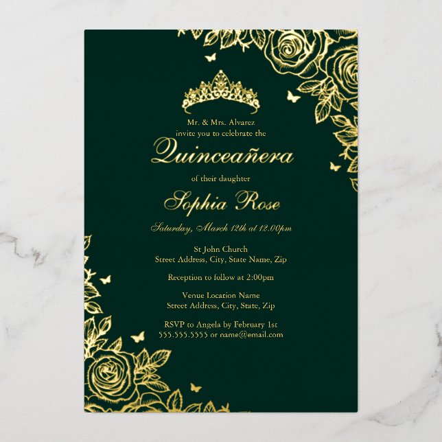 Invitation En Aluminium Rose Gold Foil Emerald Quinceanera (Recto)