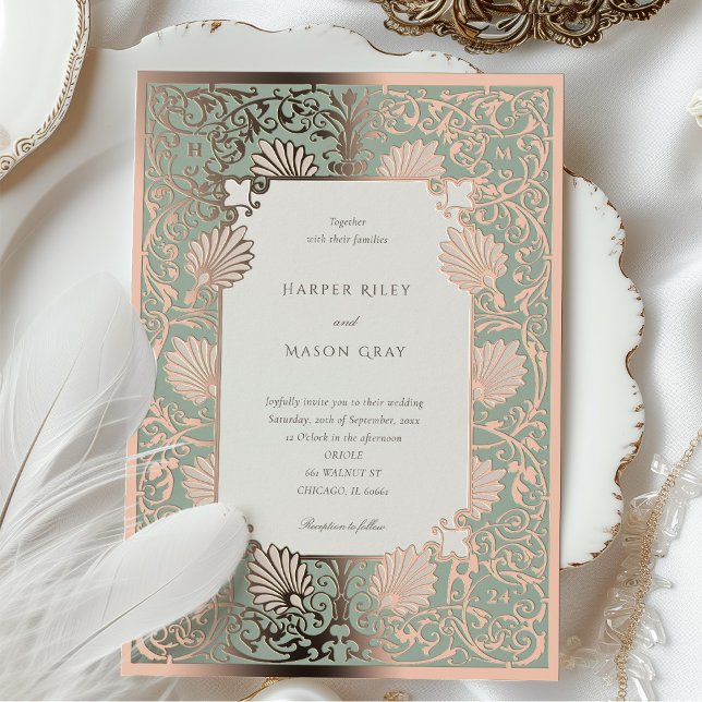 Invitation En Aluminium Rose Gold Foil et Sage Mariage baroque (Créateur téléchargé)