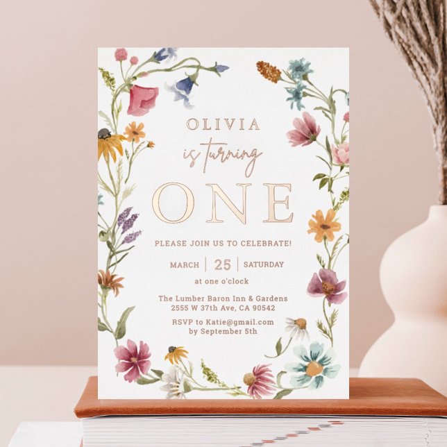 Invitation En Aluminium Rose Gold Foil Fleur sauvage Thème Fille 1er anniv (Créateur téléchargé)