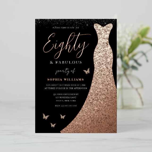 Invitation En Aluminium Rose Gold Foil Gown 80e fête d'anniversaire (Debout devant)