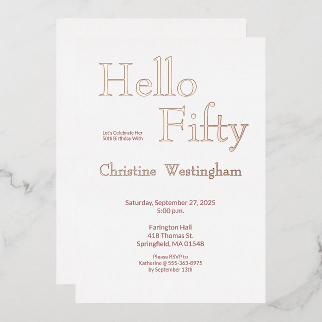 Invitation En Aluminium Rose Gold Foil Hello Fifty 50th Birthday Party (Recto/Verso)