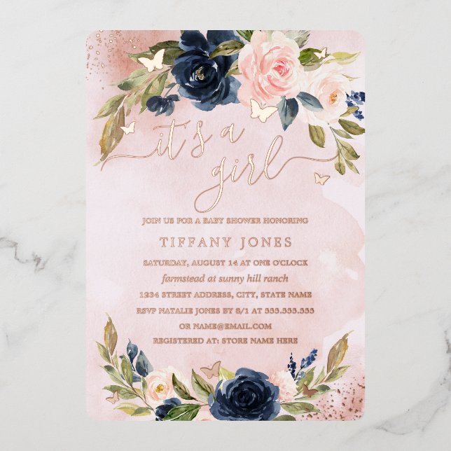 Invitation En Aluminium ROSE GOLD FOIL Marine Baby shower floral rose rose (Recto)