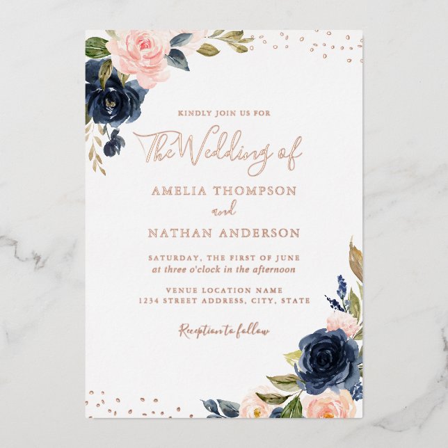 Invitation En Aluminium ROSE GOLD FOIL Marine Pink Floral Mariage (Recto)