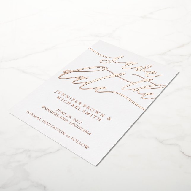 Invitation En Aluminium Rose Gold Foil photo mariage Enregistrer la date (Rotation)