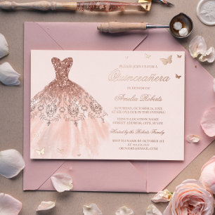 Invitation En Aluminium ROSE GOLD FOIL Robe Papillon Quinceanera