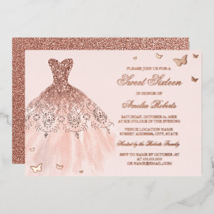 Invitation En Aluminium ROSE GOLD FOIL Robe Papillon Sweet Sixteen