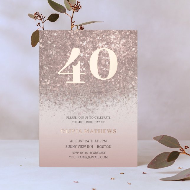 Invitation En Aluminium Rose Gold Métallisé Élégant Paillettes 40e Anniver (Créateur téléchargé)