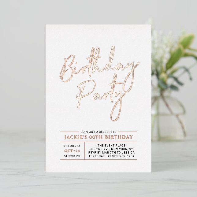 Invitation En Aluminium Rose Gold Moderne Brush Script Adulte Anniversaire (Debout devant)
