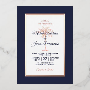 Invitation En Aluminium Rose Gold Navy Blue Palm Tree Beach Mariage