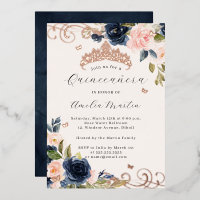 Rose Gold Navy Blush Floral Swirl Quinceanera