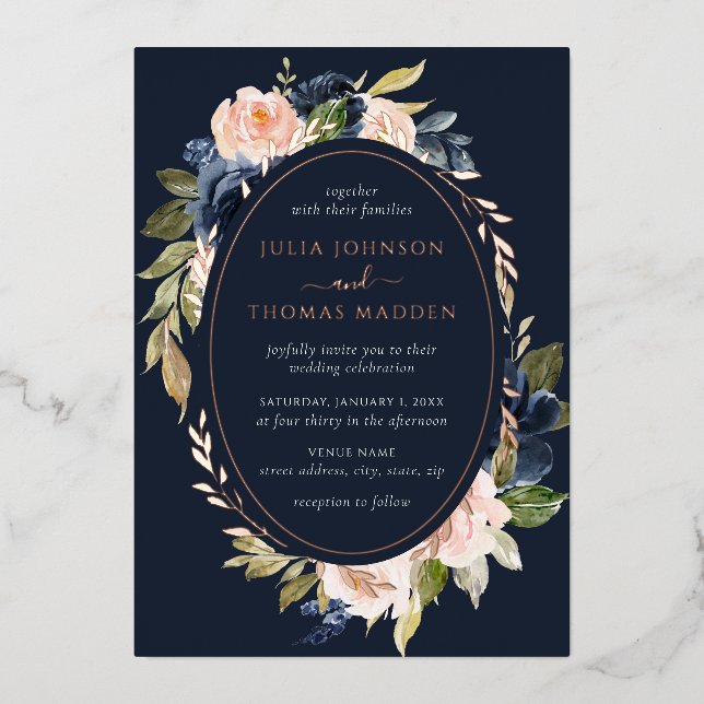 Invitation En Aluminium Rose Gold Navy Blush Mariage Floral Folial Foliing (Recto)