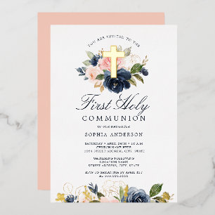 Invitation En Aluminium Rose Gold Navy Floral Filles Première Communion