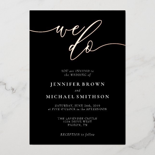 Invitation En Aluminium Rose Gold Noir Calligraphie Mariage (Recto)