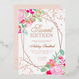 Invitation En Aluminium Rose Gold pailleté rose floral aquarelle Sweet 16