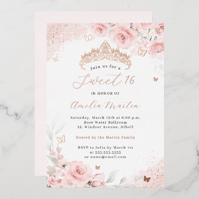Invitation En Aluminium Rose Gold Papillon Rose Fard Douce 16    (Recto/Verso)