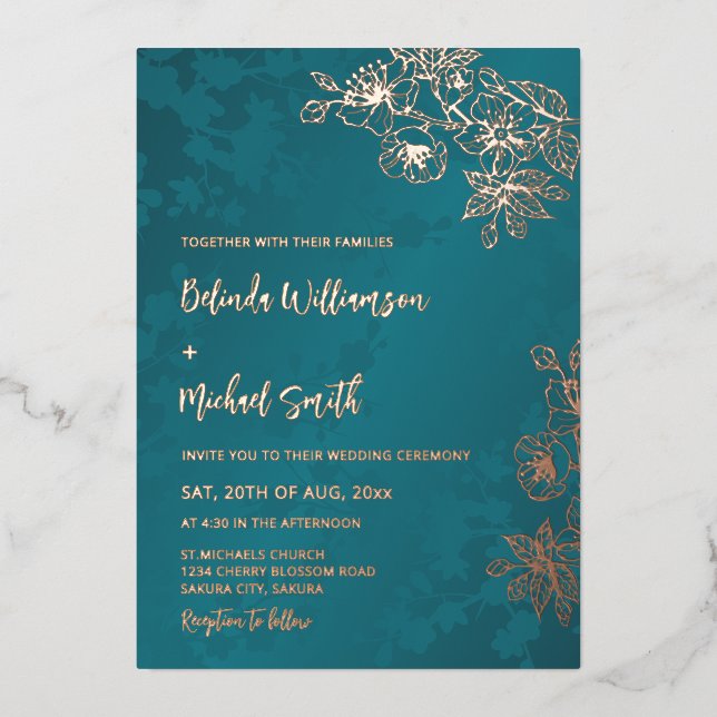 Invitation En Aluminium Rose Gold Peacock Green Floral Wedding (Recto)
