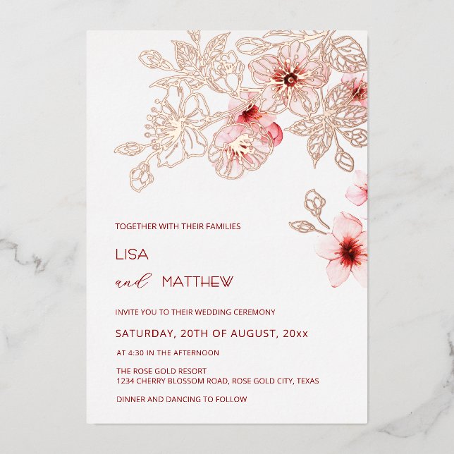 Invitation En Aluminium Rose Gold  Pink Cherry Blossom Wedding (Recto)