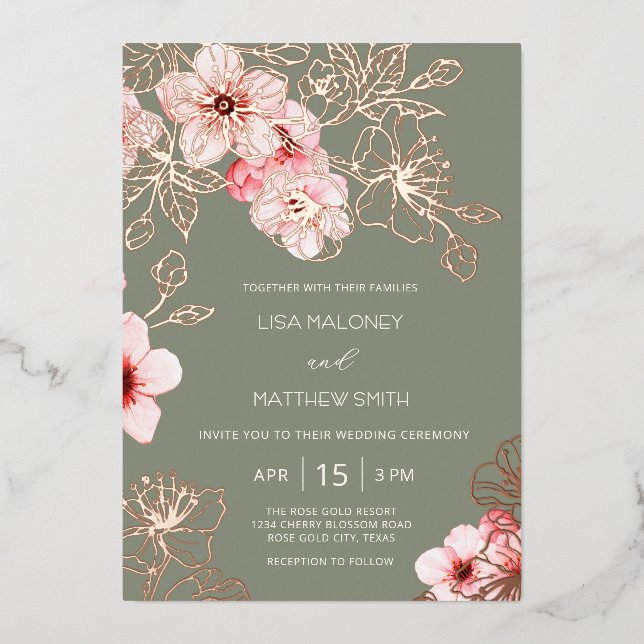 Invitation En Aluminium Rose Gold  Pink Cherry Blossom Wedding (Recto)